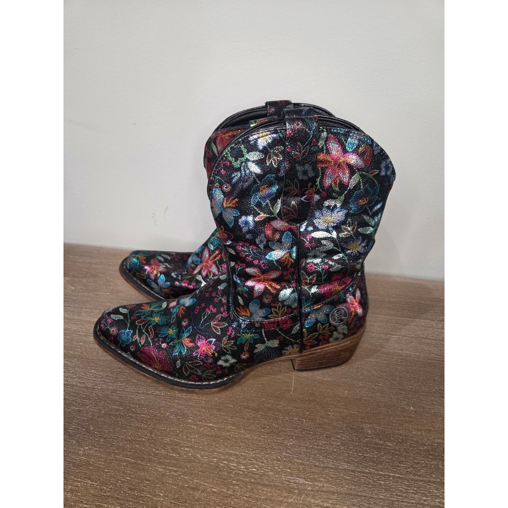 Roper Womens Metallic Floral Western Cowgirl Boots Black Multi Snip Toe 9